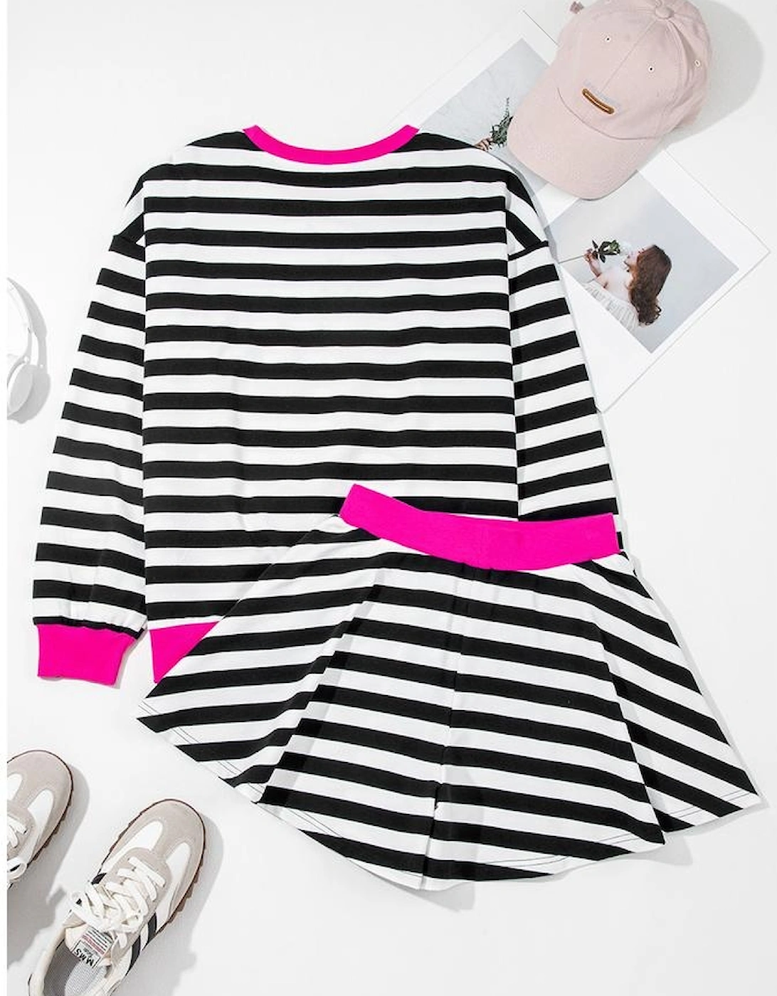 Black Stripe Contrast Ribbed Banding Long Sleeve Blouse Loose Shorts Set
