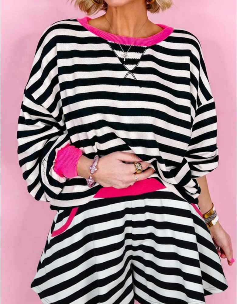 Black Stripe Contrast Ribbed Banding Long Sleeve Blouse Loose Shorts Set