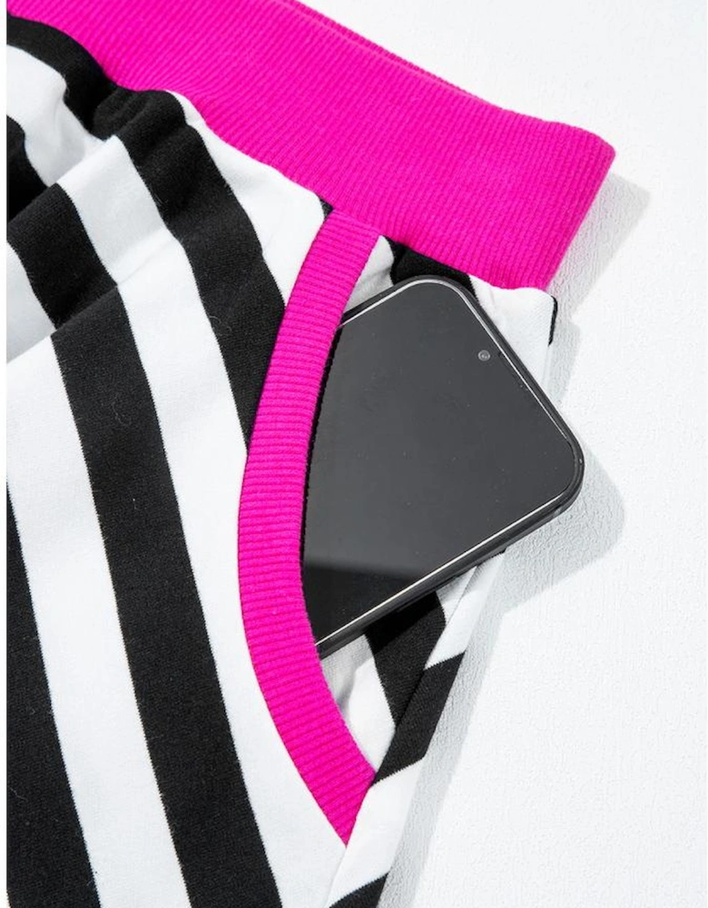 Black Stripe Contrast Ribbed Banding Long Sleeve Blouse Loose Shorts Set