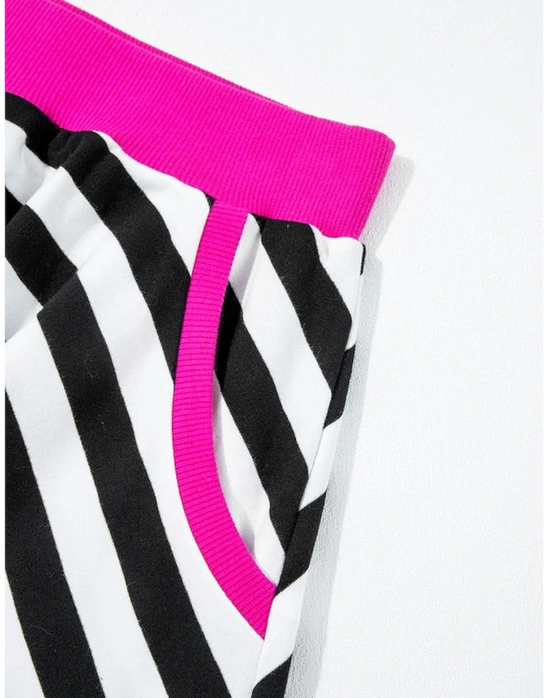 Black Stripe Contrast Ribbed Banding Long Sleeve Blouse Loose Shorts Set