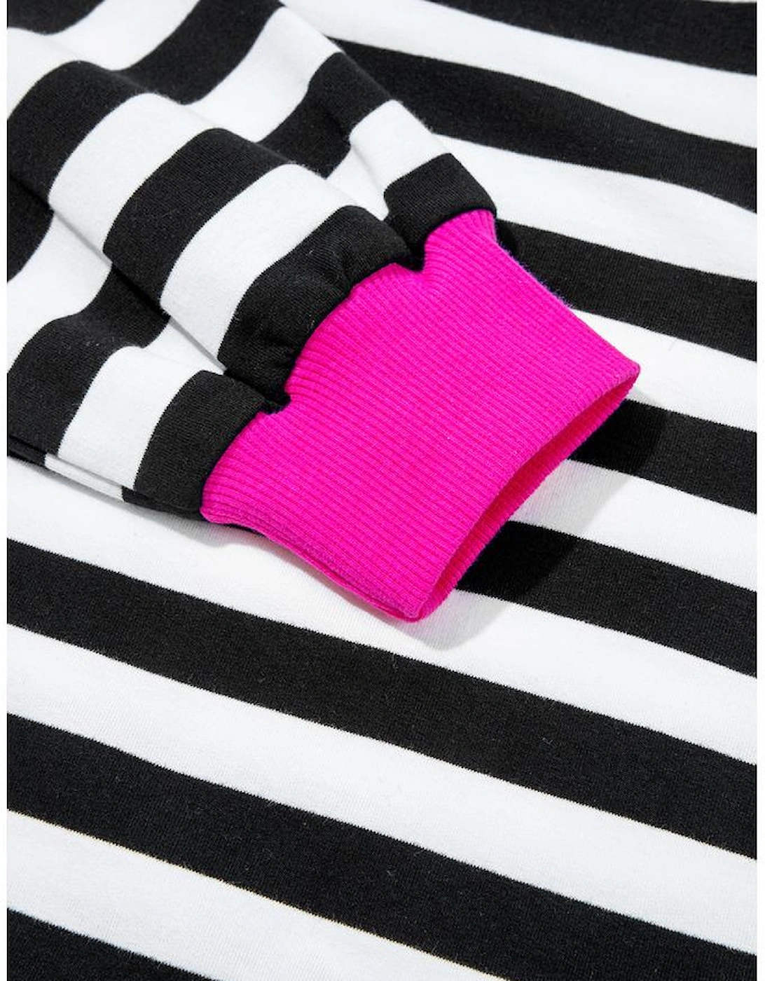 Black Stripe Contrast Ribbed Banding Long Sleeve Blouse Loose Shorts Set