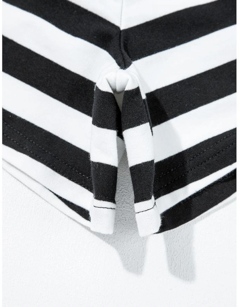 Black Stripe Contrast Ribbed Banding Long Sleeve Blouse Loose Shorts Set