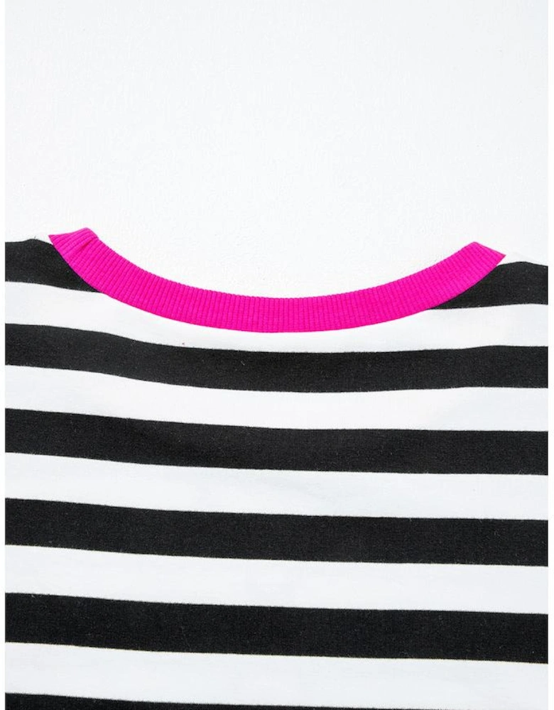 Black Stripe Contrast Ribbed Banding Long Sleeve Blouse Loose Shorts Set