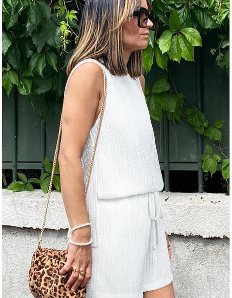 Beige Textured Knit Tank Top and Drawstring Shorts Set