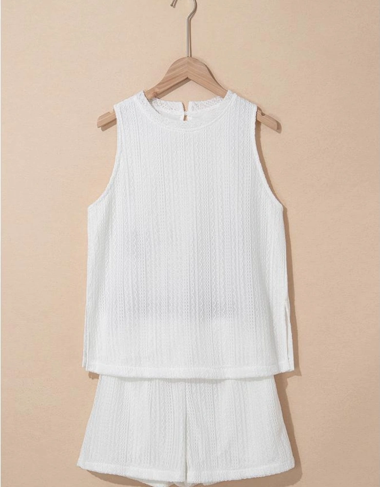 Beige Textured Knit Tank Top and Drawstring Shorts Set