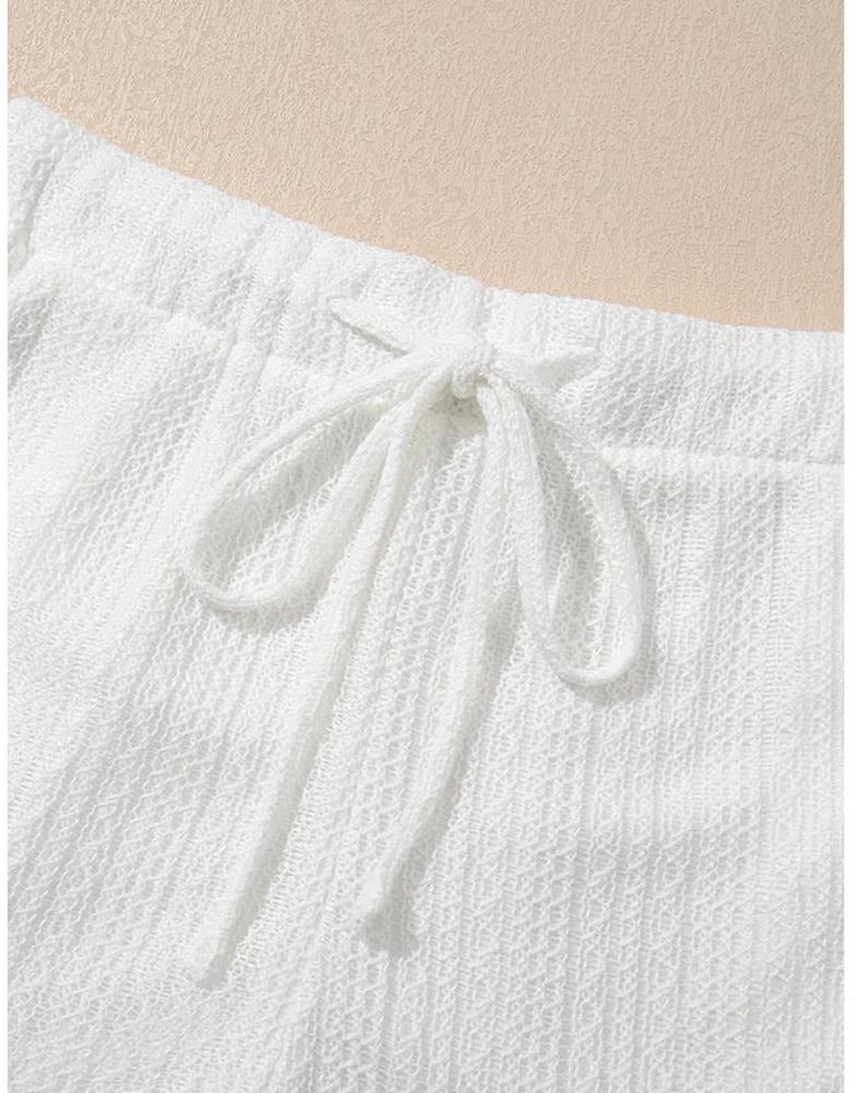 Beige Textured Knit Tank Top and Drawstring Shorts Set