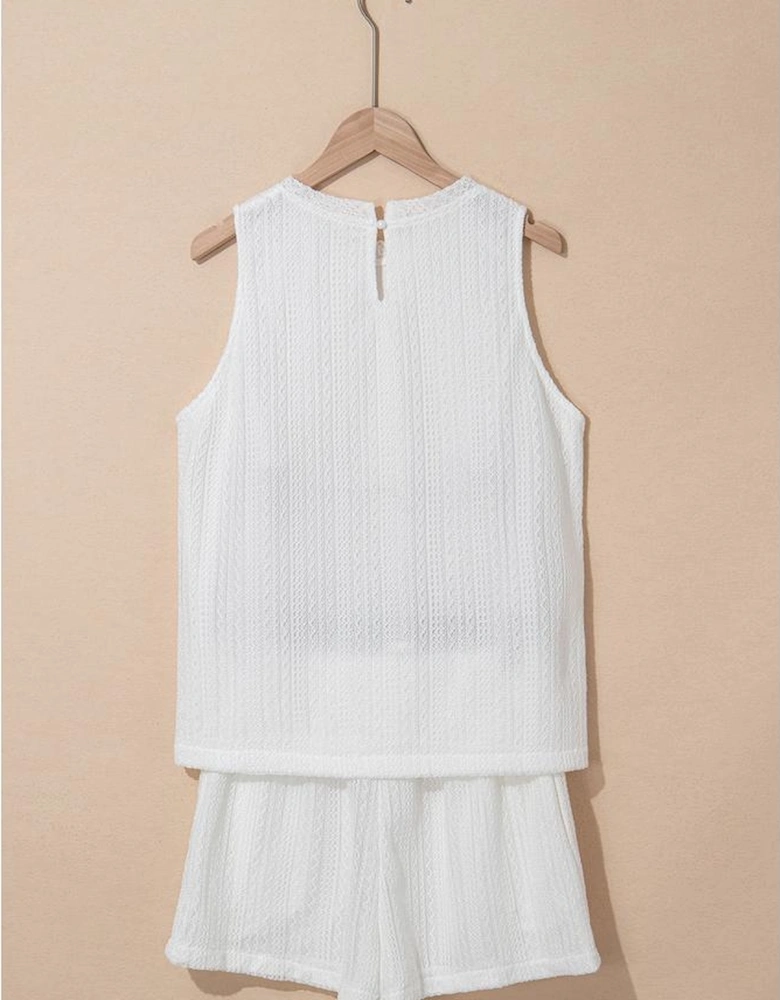 Beige Textured Knit Tank Top and Drawstring Shorts Set