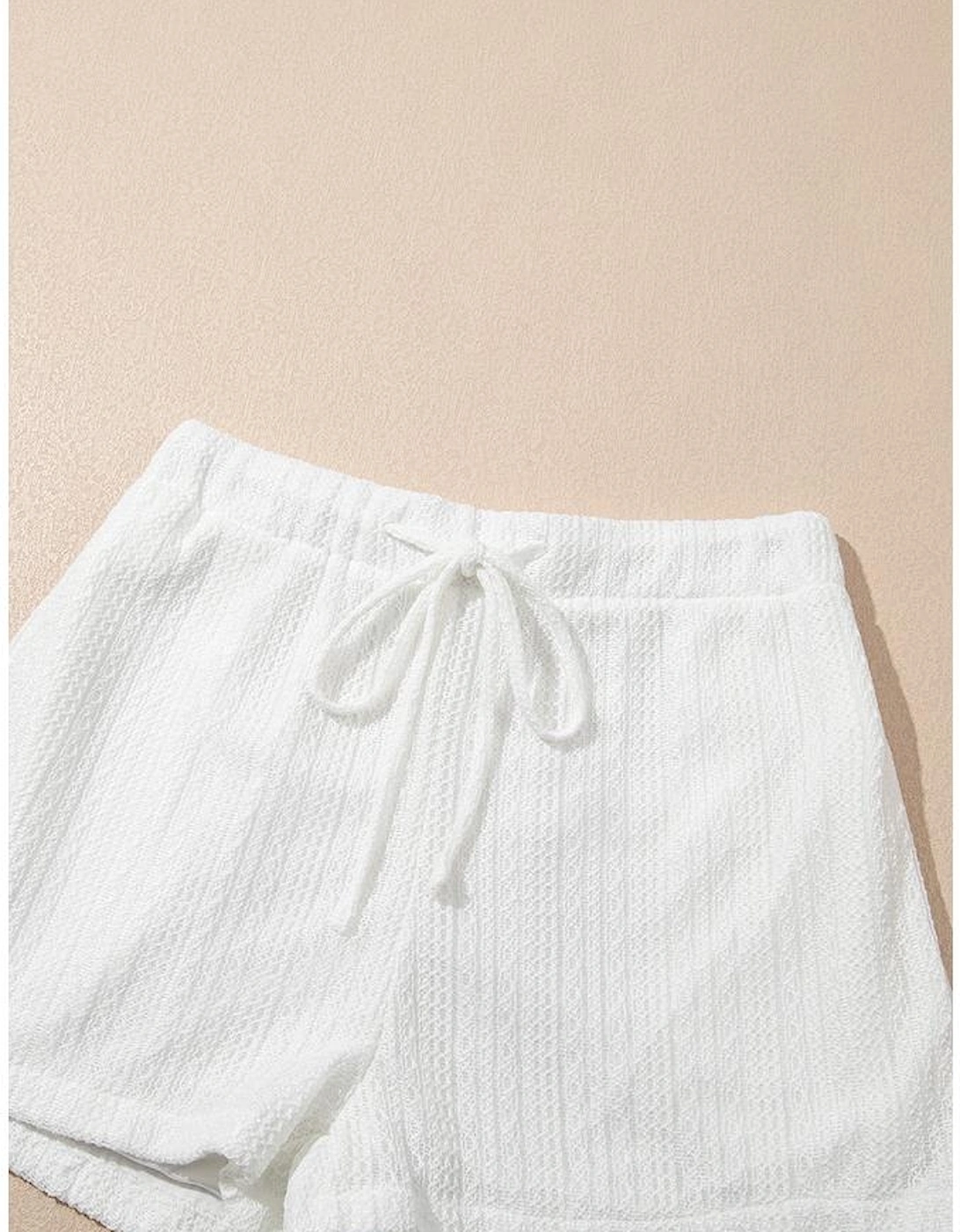 Beige Textured Knit Tank Top and Drawstring Shorts Set