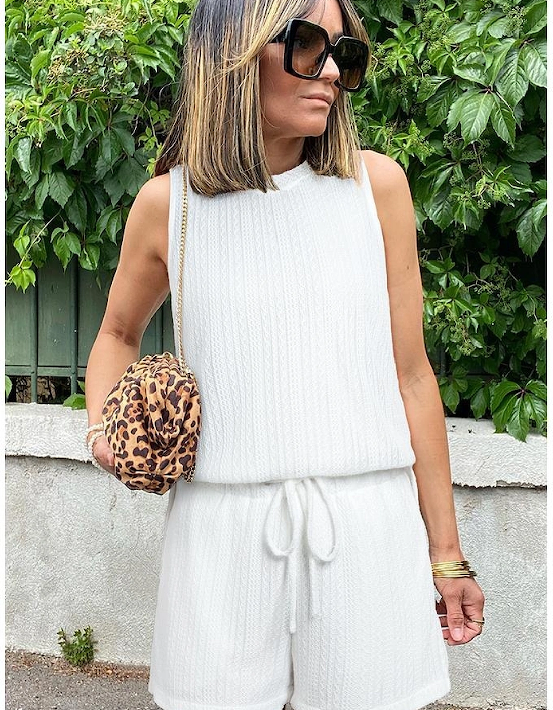 Beige Textured Knit Tank Top and Drawstring Shorts Set