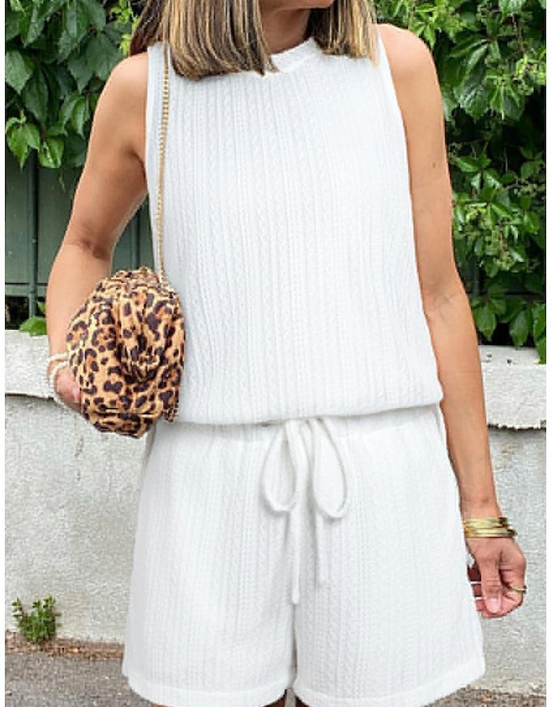 Beige Textured Knit Tank Top and Drawstring Shorts Set