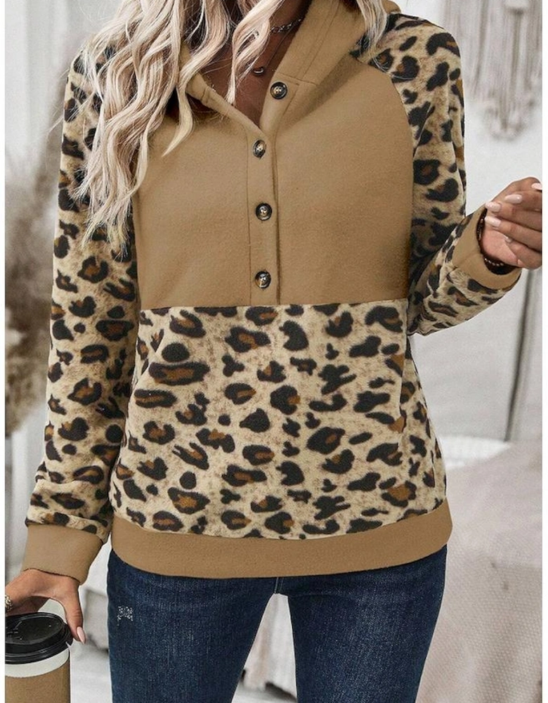 Light French Beige Leopard Print Patchwork Raglan Sleeve Half Buttons Hoodie