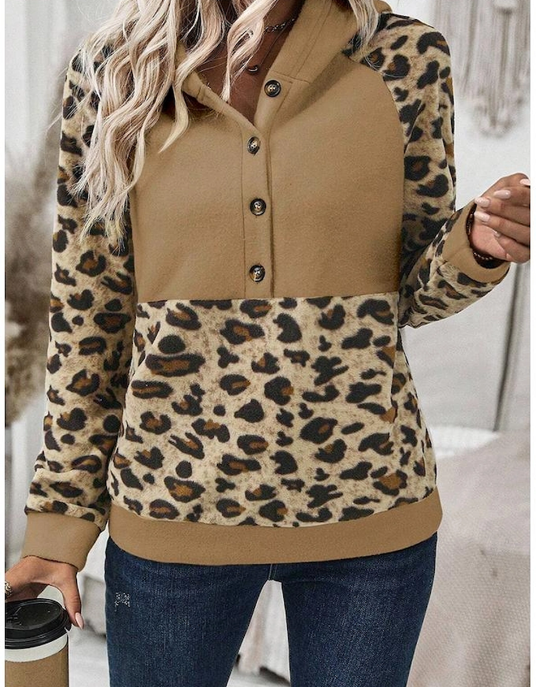 Light French Beige Leopard Print Patchwork Raglan Sleeve Half Buttons Hoodie, 16 of 15