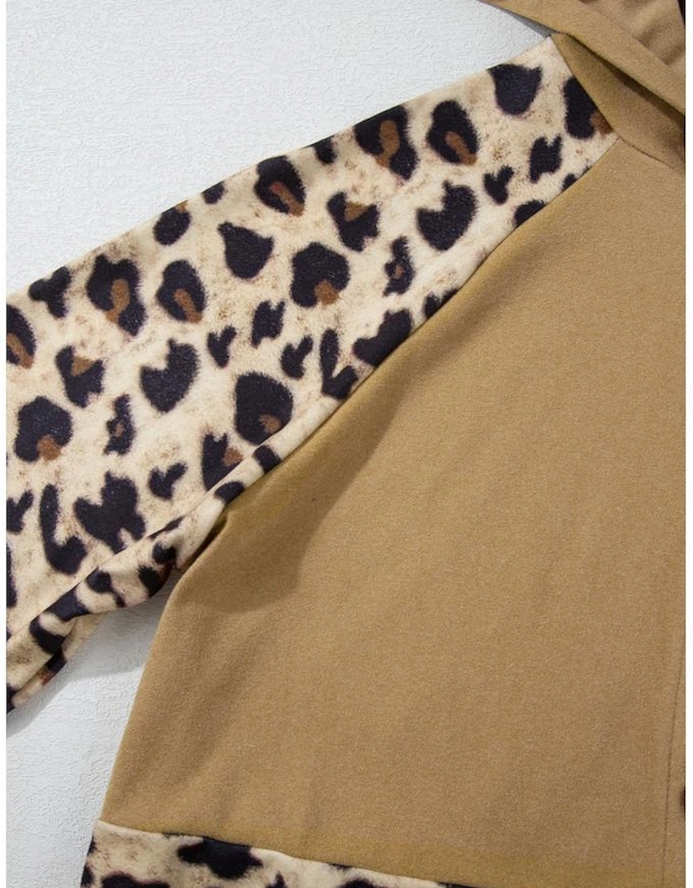 Light French Beige Leopard Print Patchwork Raglan Sleeve Half Buttons Hoodie