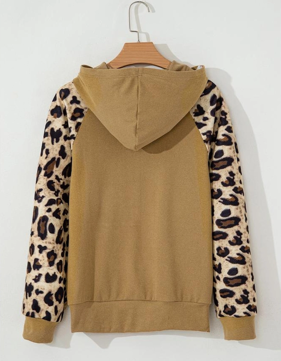 Light French Beige Leopard Print Patchwork Raglan Sleeve Half Buttons Hoodie