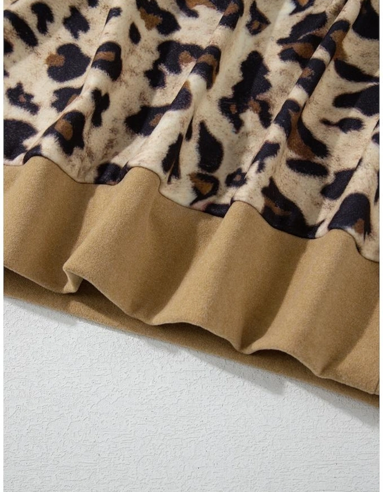 Light French Beige Leopard Print Patchwork Raglan Sleeve Half Buttons Hoodie