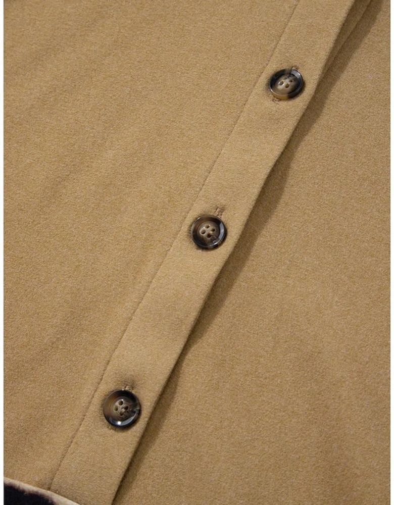 Light French Beige Leopard Print Patchwork Raglan Sleeve Half Buttons Hoodie