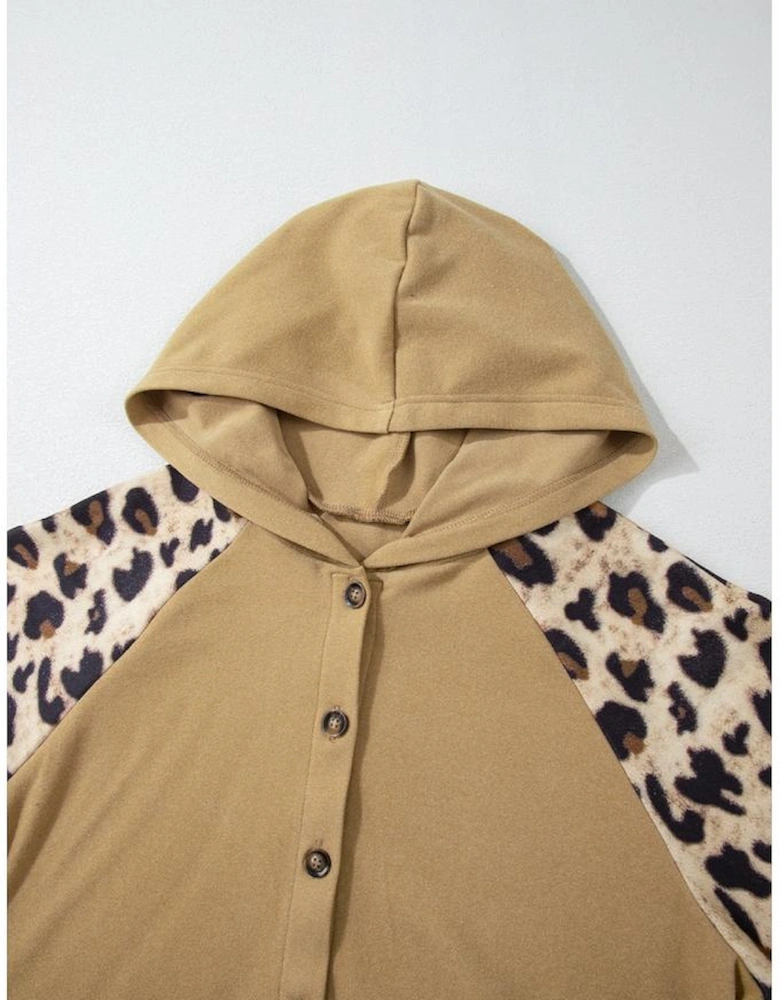 Light French Beige Leopard Print Patchwork Raglan Sleeve Half Buttons Hoodie
