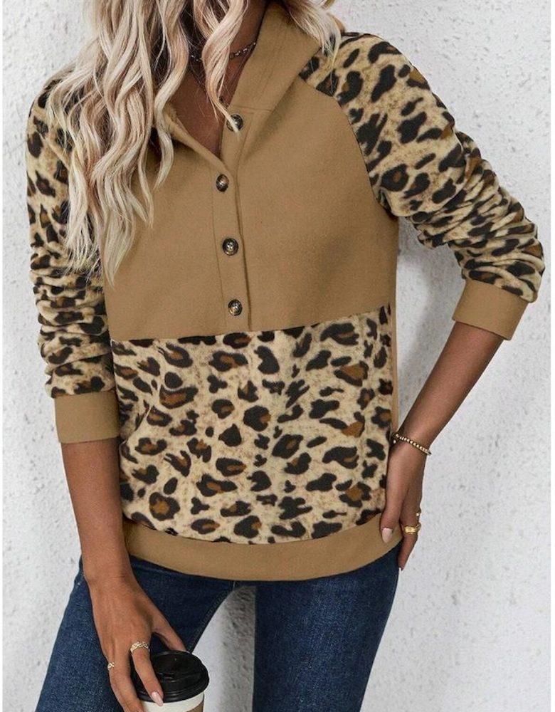 Light French Beige Leopard Print Patchwork Raglan Sleeve Half Buttons Hoodie
