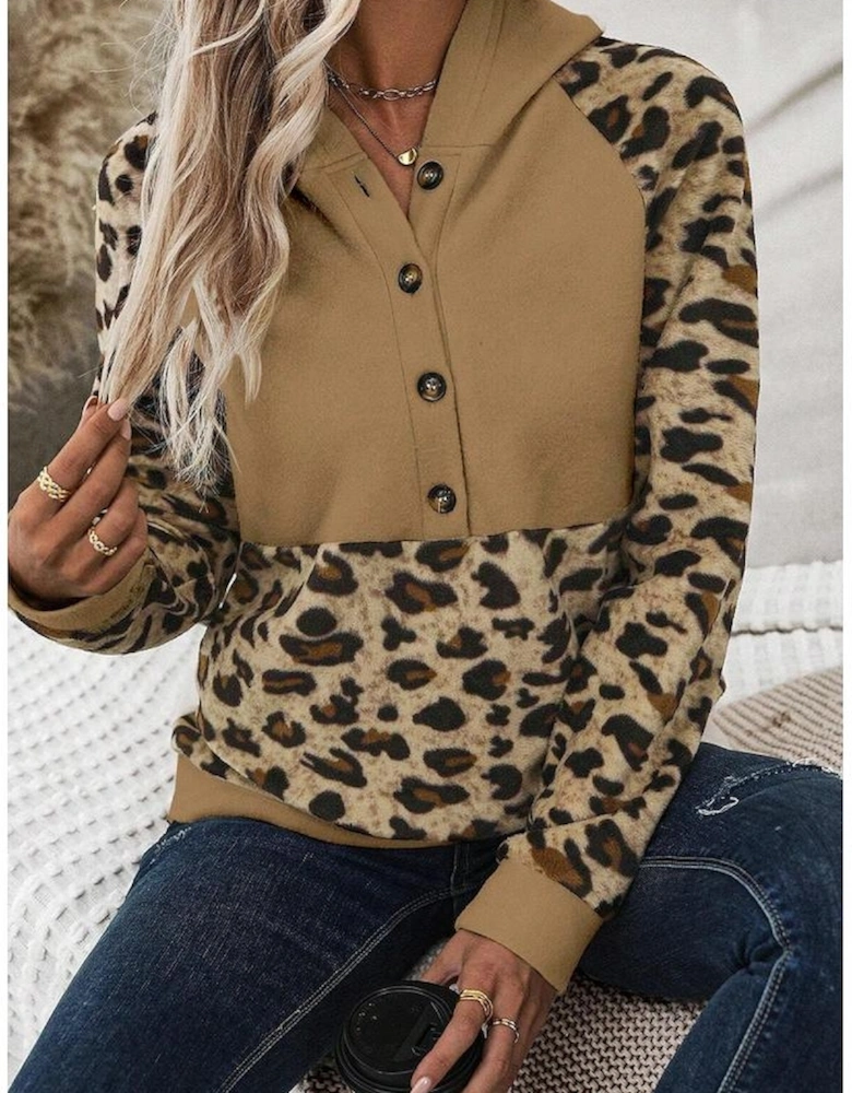Light French Beige Leopard Print Patchwork Raglan Sleeve Half Buttons Hoodie