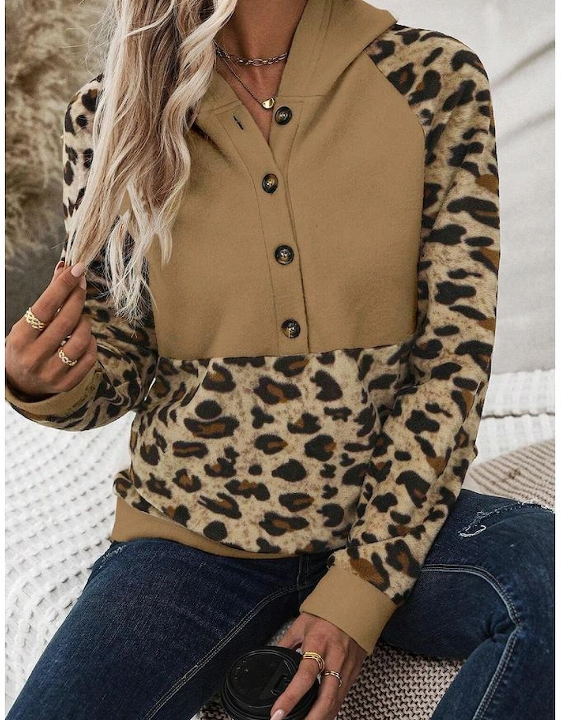 Light French Beige Leopard Print Patchwork Raglan Sleeve Half Buttons Hoodie