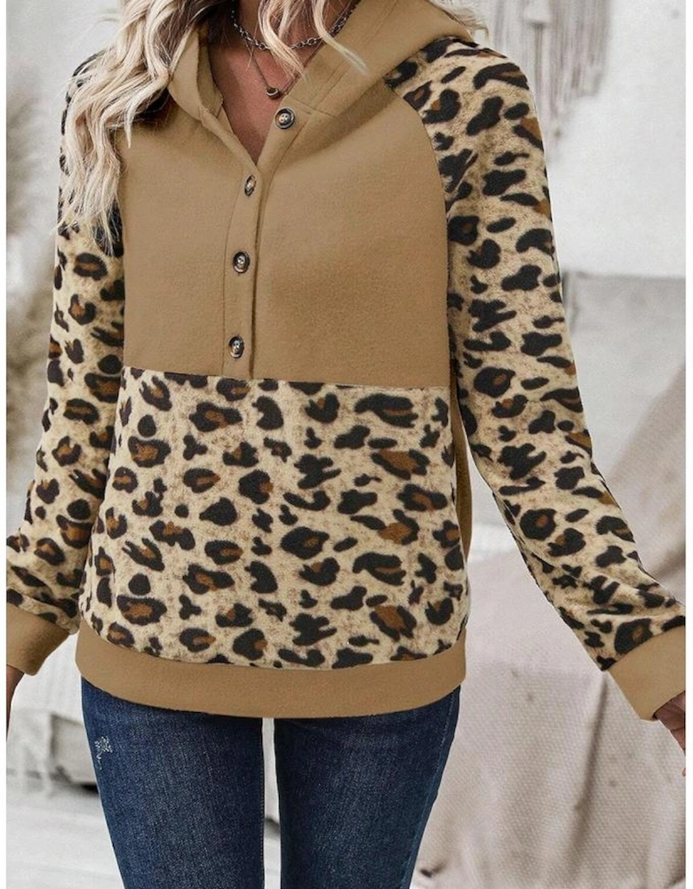Light French Beige Leopard Print Patchwork Raglan Sleeve Half Buttons Hoodie