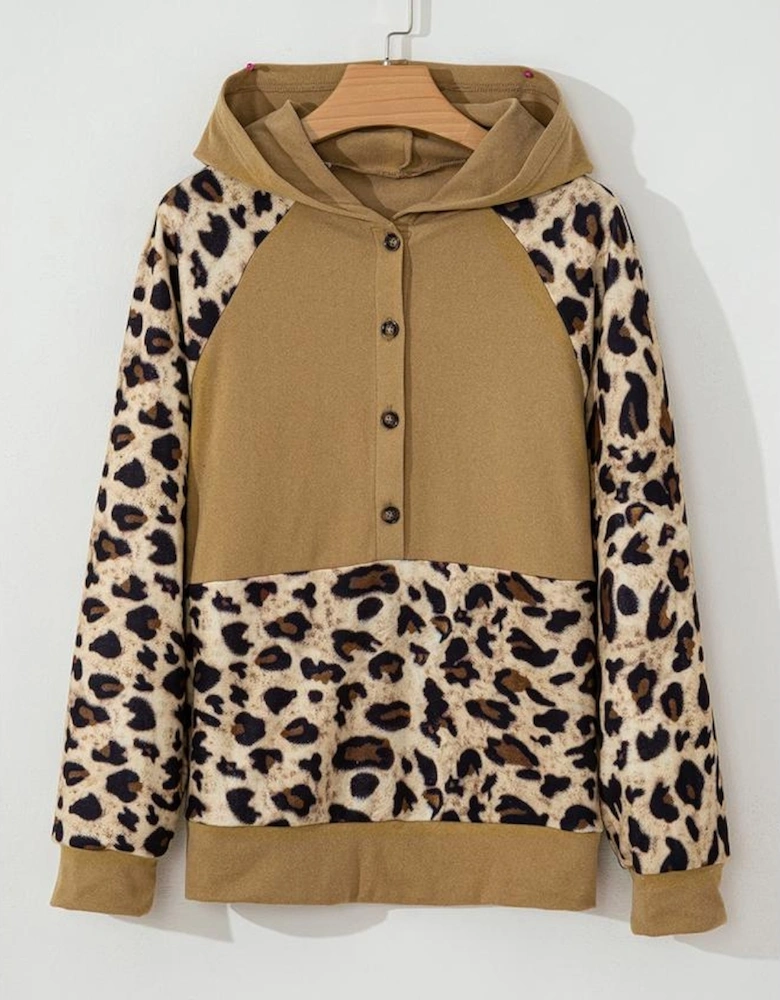 Light French Beige Leopard Print Patchwork Raglan Sleeve Half Buttons Hoodie