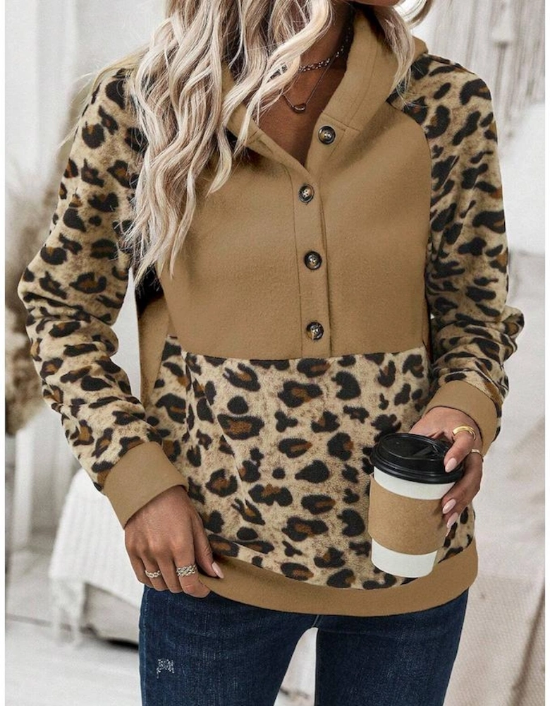 Light French Beige Leopard Print Patchwork Raglan Sleeve Half Buttons Hoodie