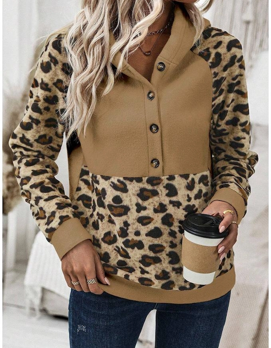 Light French Beige Leopard Print Patchwork Raglan Sleeve Half Buttons Hoodie