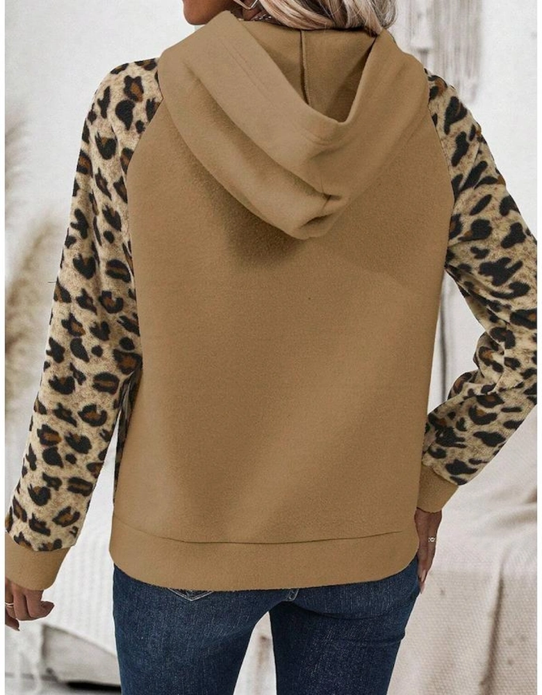 Light French Beige Leopard Print Patchwork Raglan Sleeve Half Buttons Hoodie