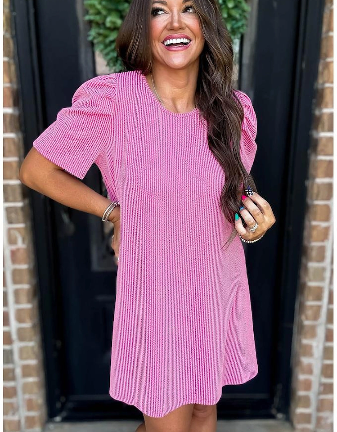 Bright Pink Corded Knit Crew Neck Puff Sleeve Shift Mini Dress