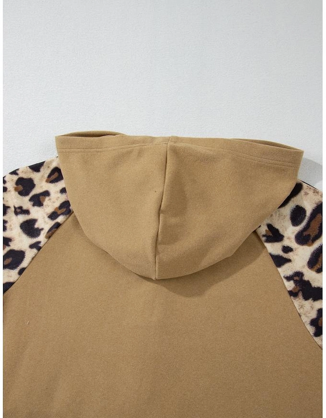 Light French Beige Leopard Print Patchwork Raglan Sleeve Half Buttons Hoodie