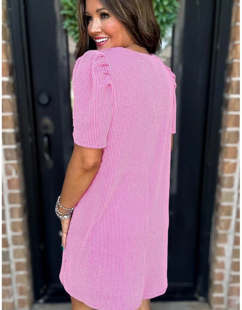 Bright Pink Corded Knit Crew Neck Puff Sleeve Shift Mini Dress