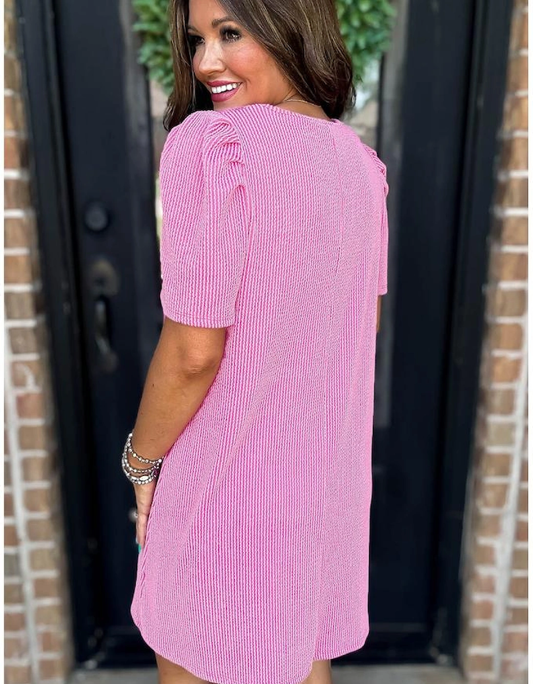 Bright Pink Corded Knit Crew Neck Puff Sleeve Shift Mini Dress, 16 of 15