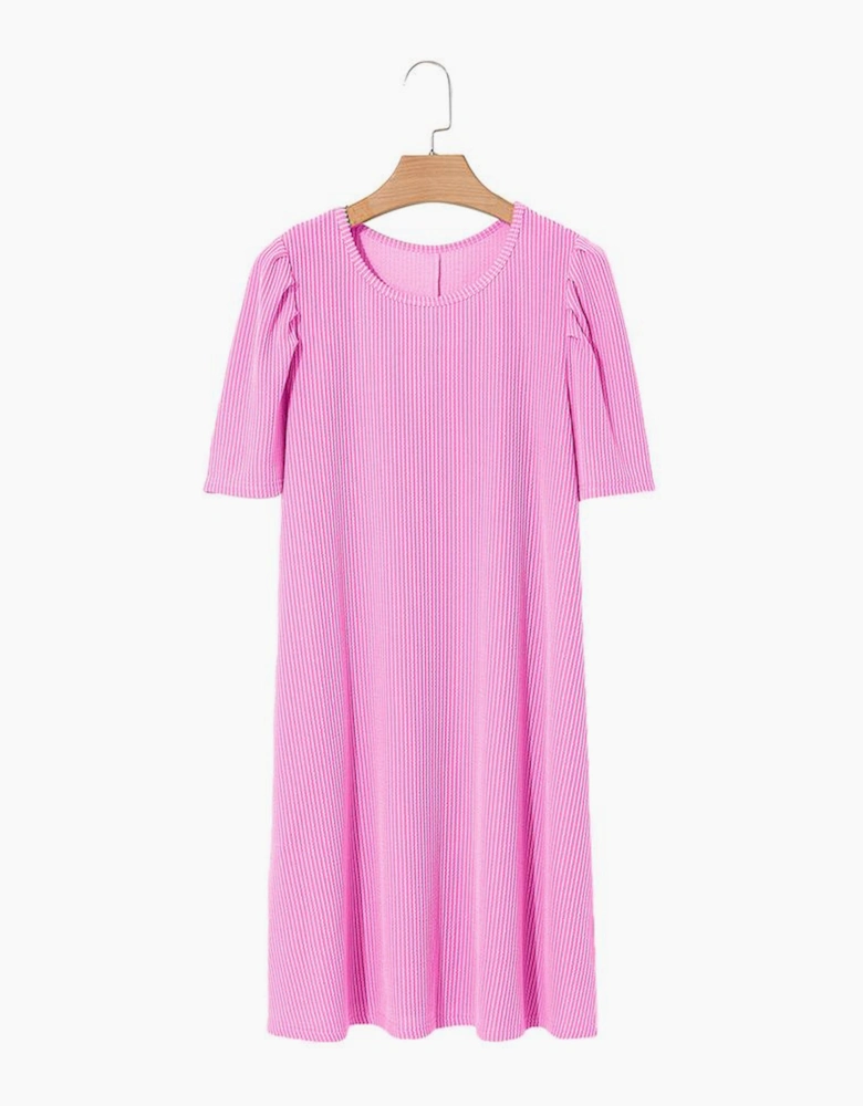 Bright Pink Corded Knit Crew Neck Puff Sleeve Shift Mini Dress