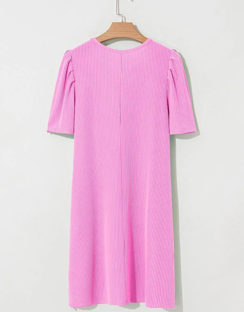 Bright Pink Corded Knit Crew Neck Puff Sleeve Shift Mini Dress