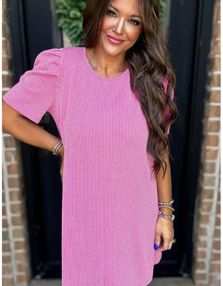 Bright Pink Corded Knit Crew Neck Puff Sleeve Shift Mini Dress