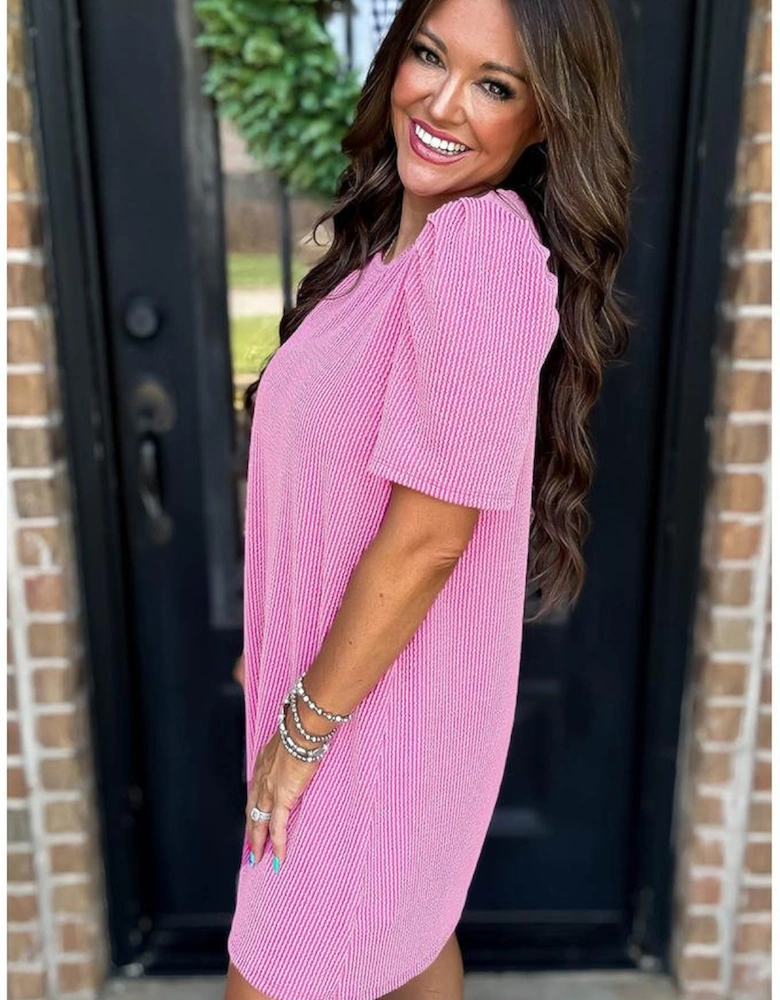 Bright Pink Corded Knit Crew Neck Puff Sleeve Shift Mini Dress
