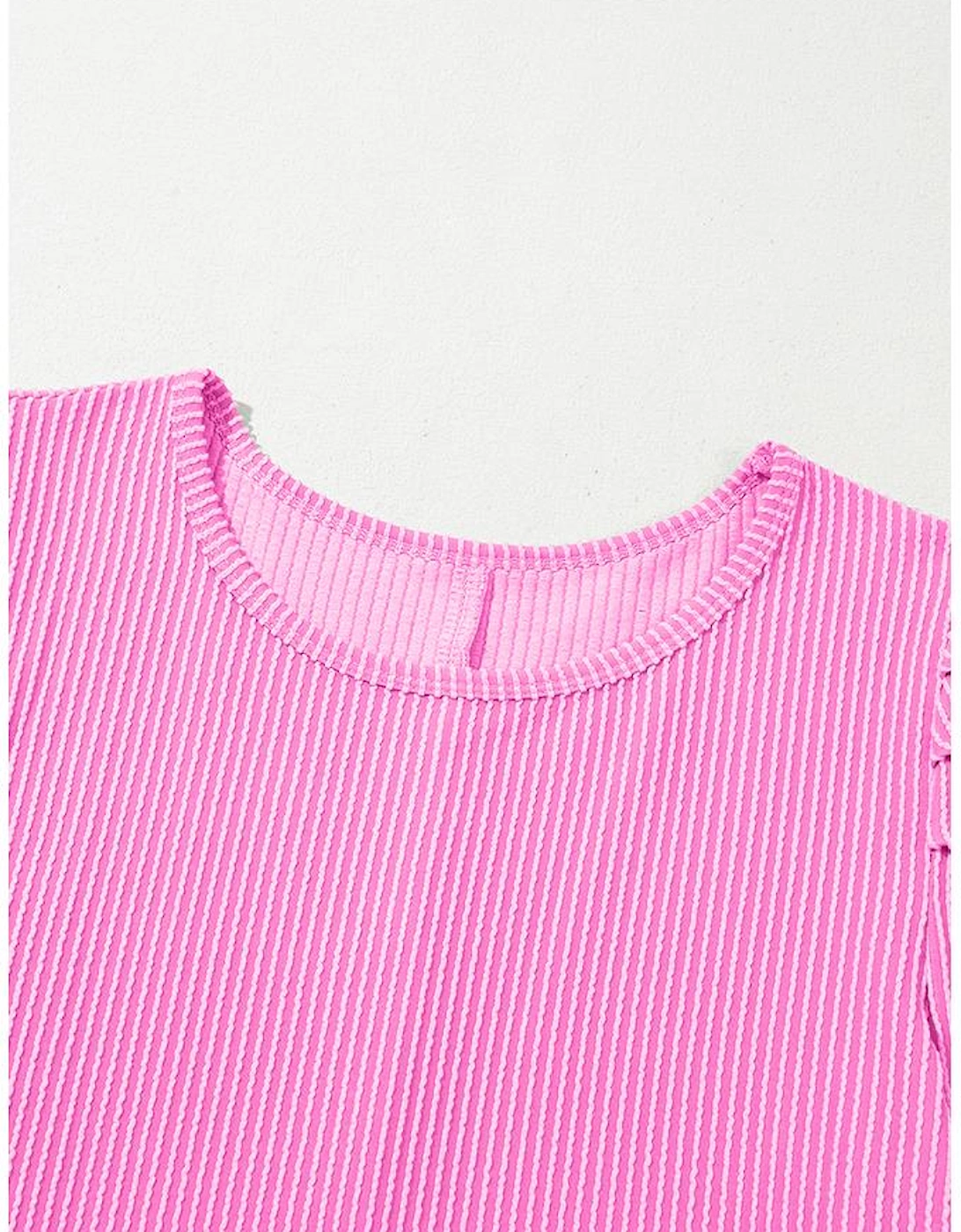 Bright Pink Corded Knit Crew Neck Puff Sleeve Shift Mini Dress