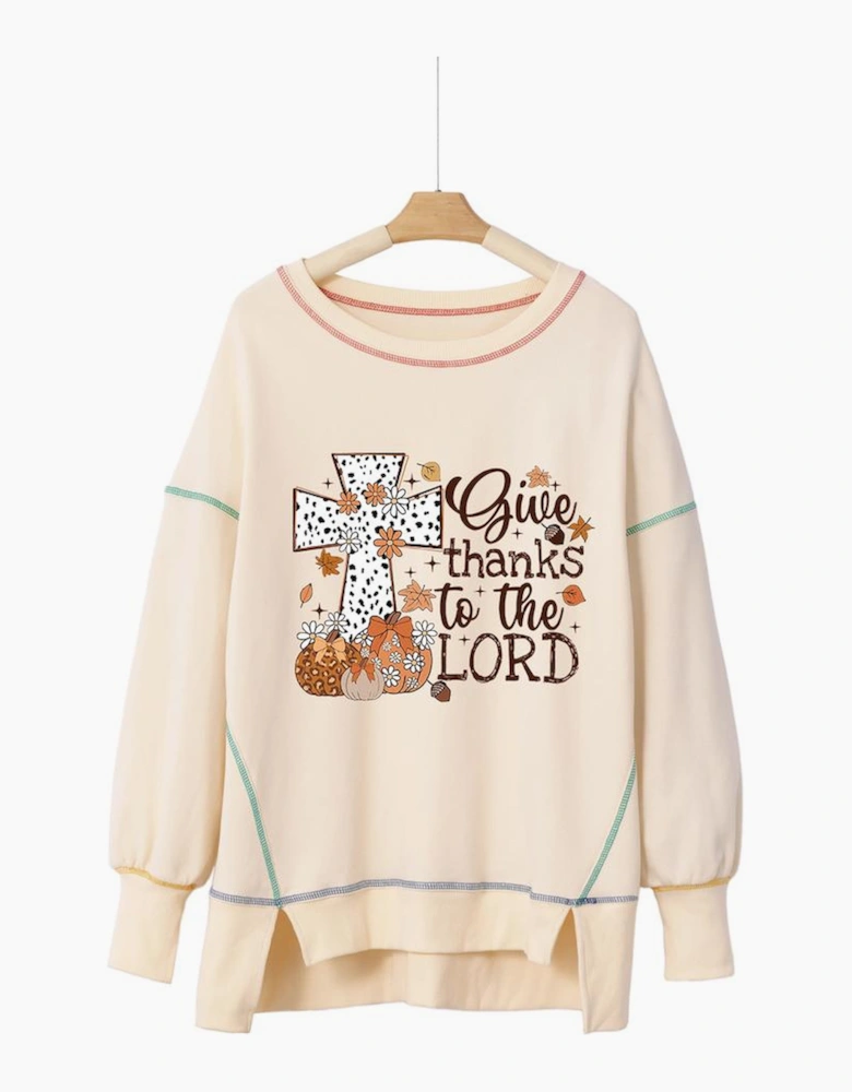 White Give Thanks to the LORD Graphic High Low Hem Loose Sweatshirt