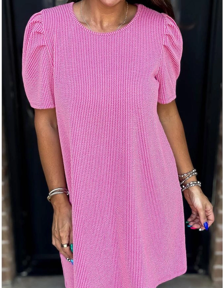 Bright Pink Corded Knit Crew Neck Puff Sleeve Shift Mini Dress