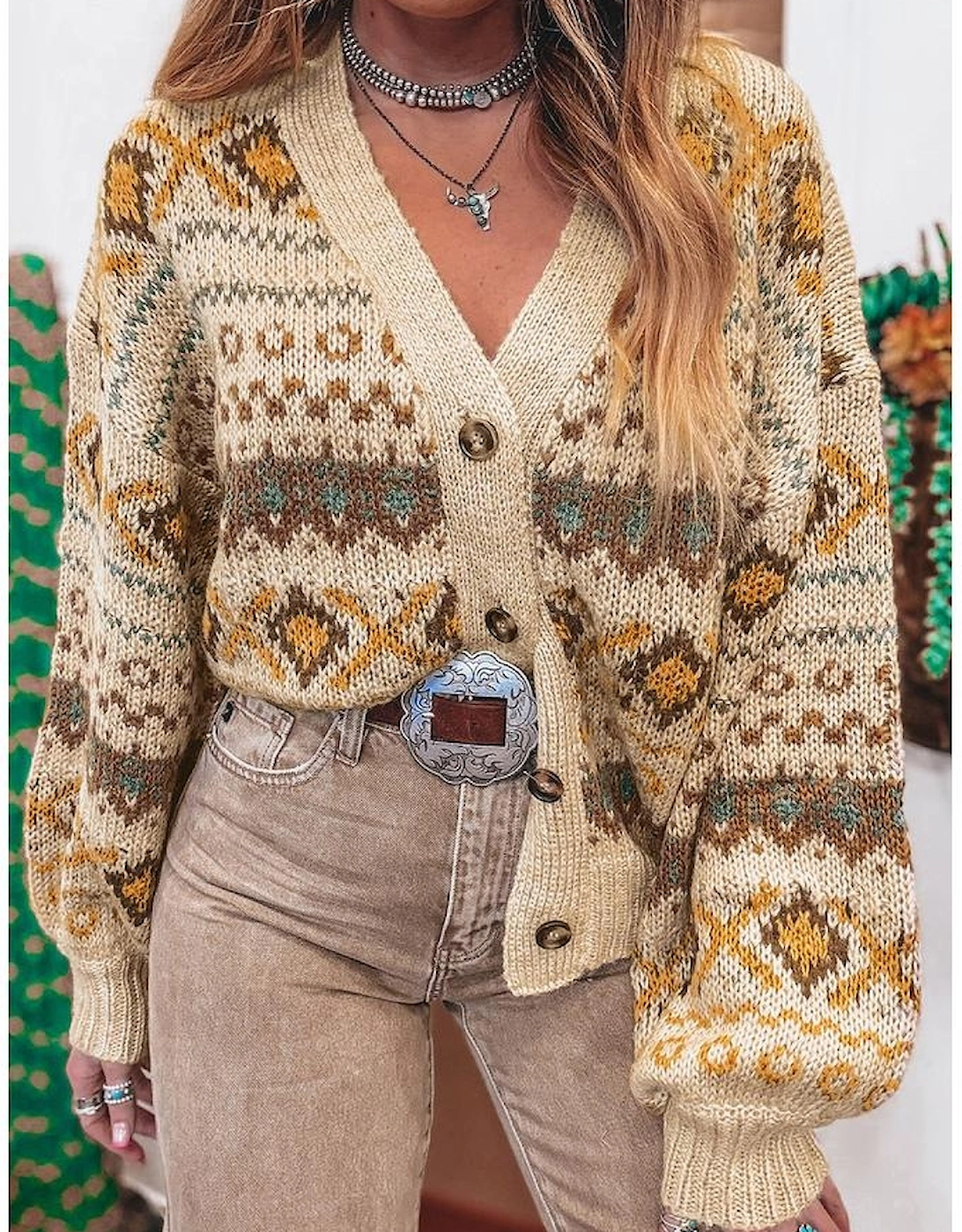 Khaki Western Pattern Knitted Button V Neck Cardigan Sweater