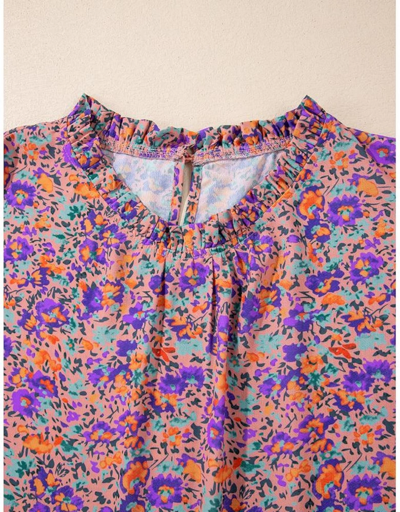 Purple Floral Allover Print Shirred Cuff Frilled O Neck Blouse