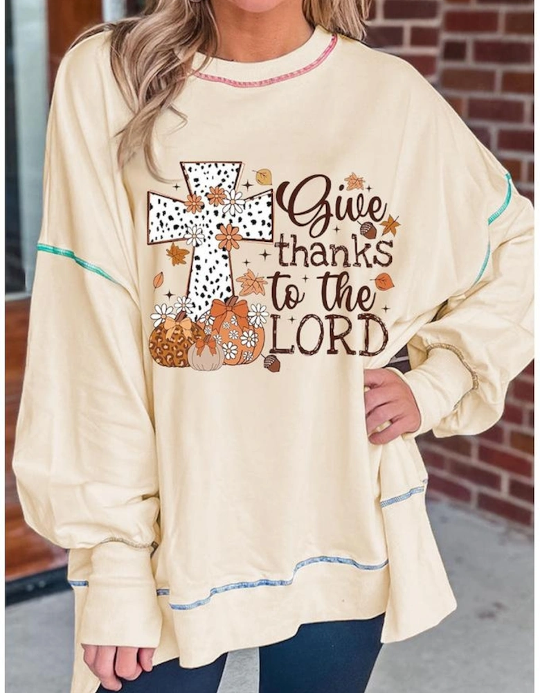 White Give Thanks to the LORD Graphic High Low Hem Loose Sweatshirt
