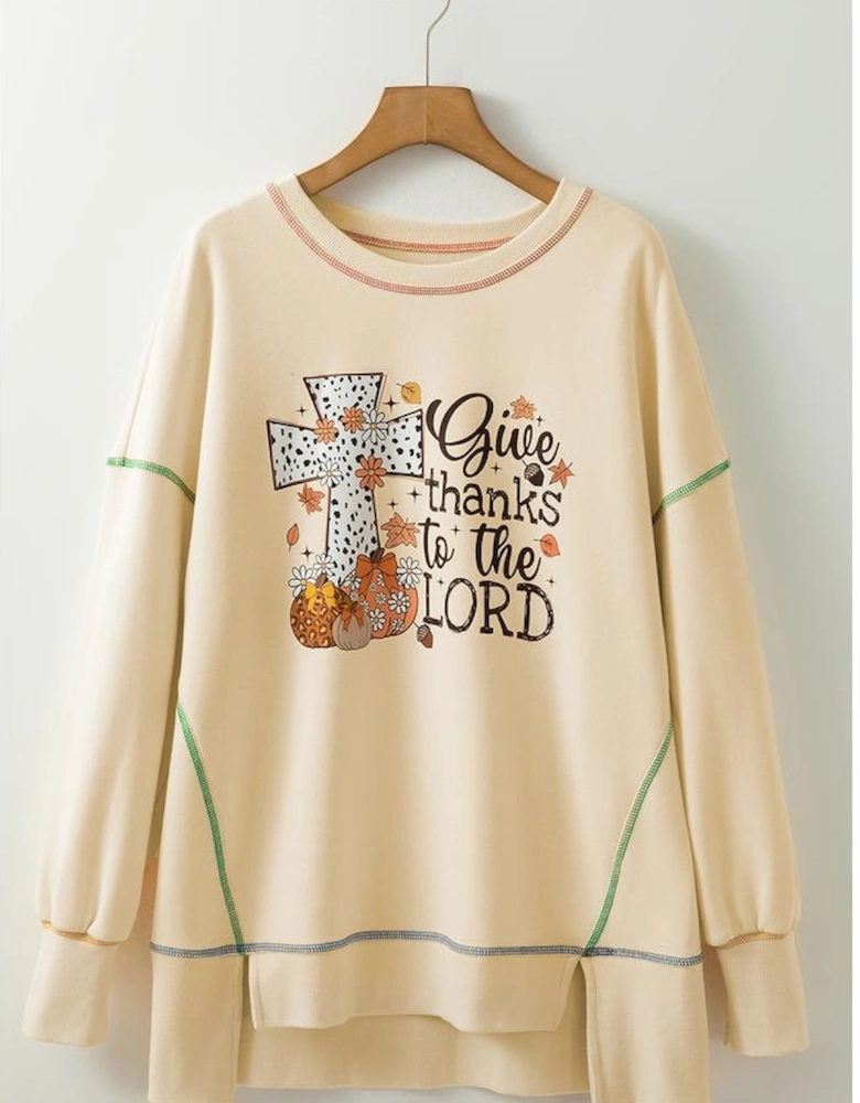 White Give Thanks to the LORD Graphic High Low Hem Loose Sweatshirt