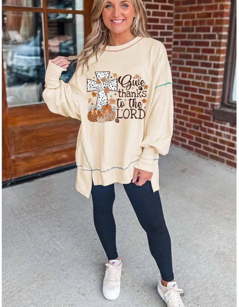 White Give Thanks to the LORD Graphic High Low Hem Loose Sweatshirt