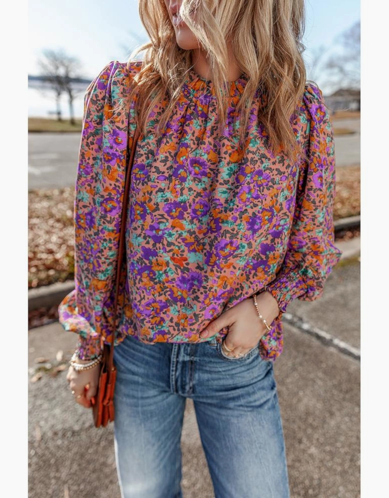 Purple Floral Allover Print Shirred Cuff Frilled O Neck Blouse