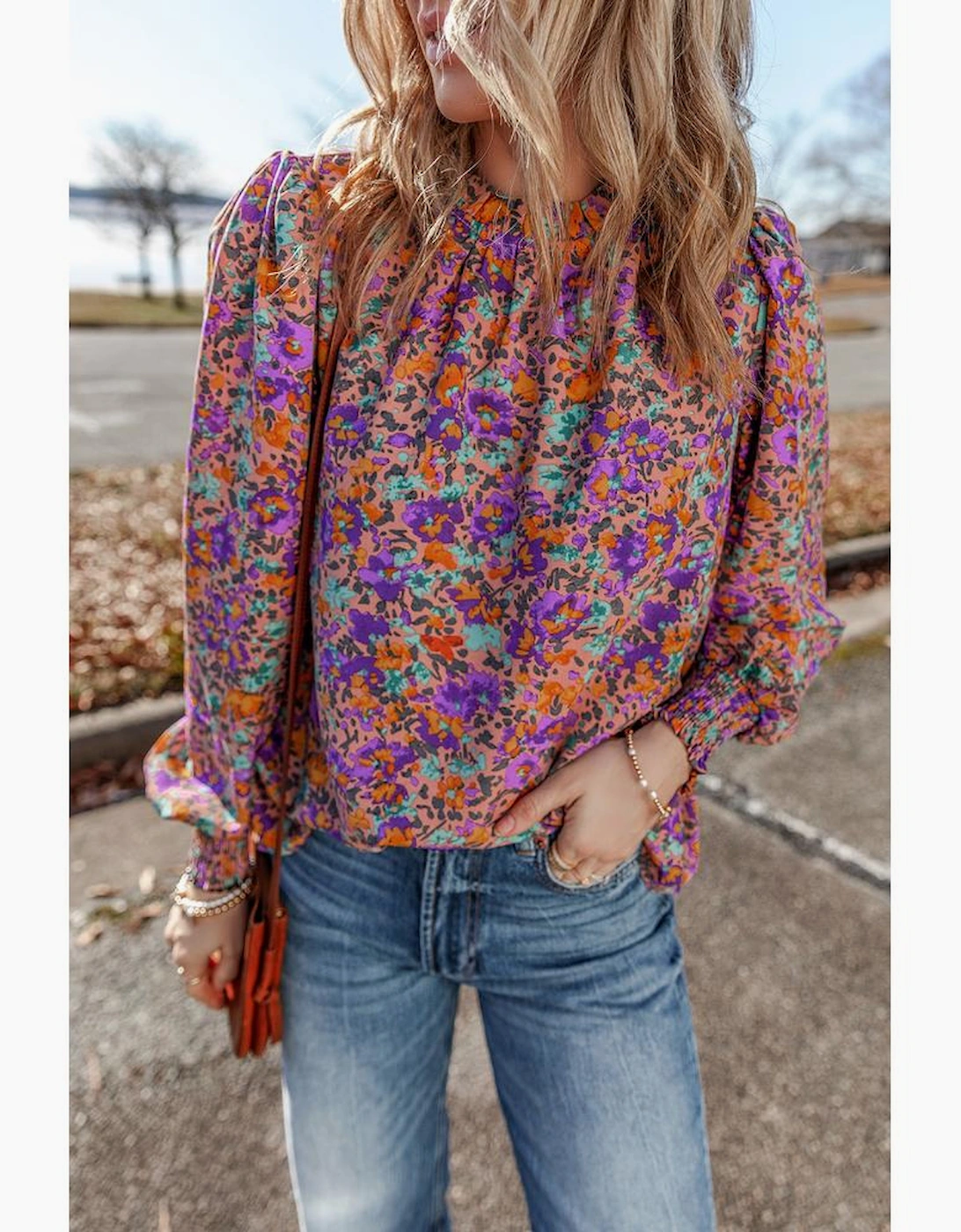 Purple Floral Allover Print Shirred Cuff Frilled O Neck Blouse