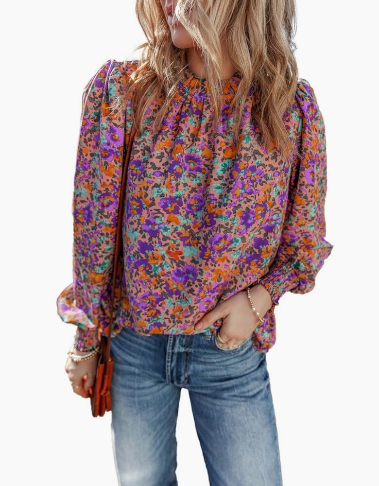 Purple Floral Allover Print Shirred Cuff Frilled O Neck Blouse