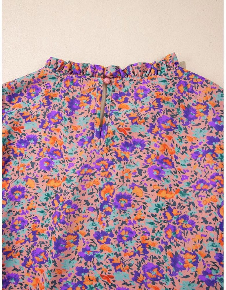 Purple Floral Allover Print Shirred Cuff Frilled O Neck Blouse