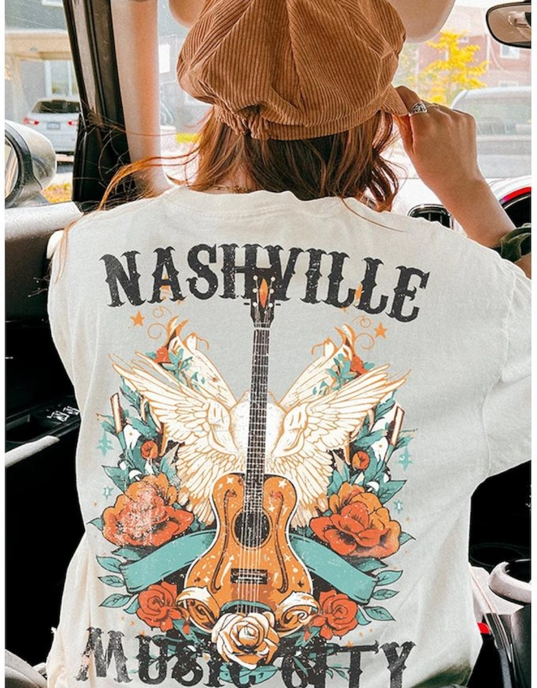 White NASHVILLE MUSIC CITY Guitar Wings Graphic Tee